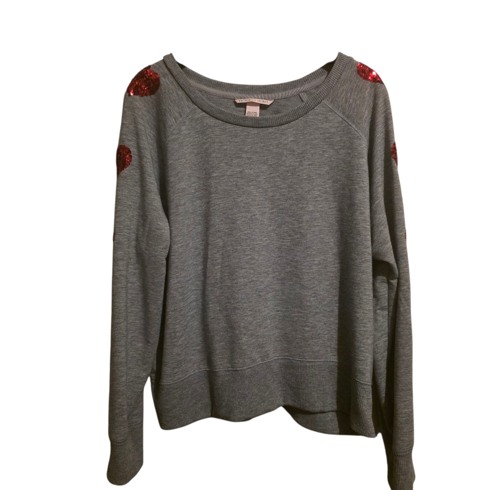 Victoria's Secret Valentine's Day Gray Sweatshirt Sequin Red Heart Pullover Sz L